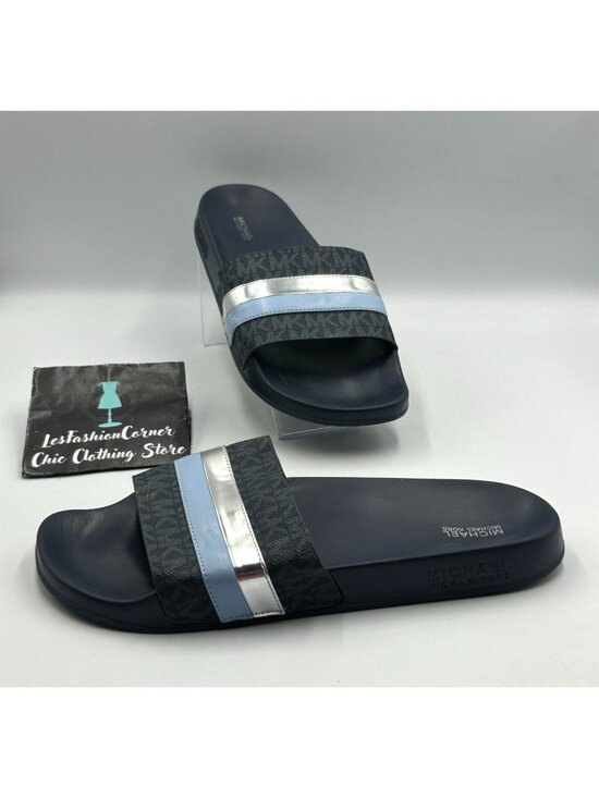 Michael Kors Men\'s Navy Silver EVA Brandy Metallic Striped Slides Size 11 3500 main image 15